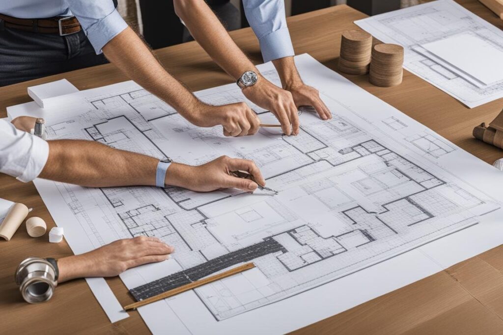 The featured image should depict an architect and a custom home engineer collaborating on a design